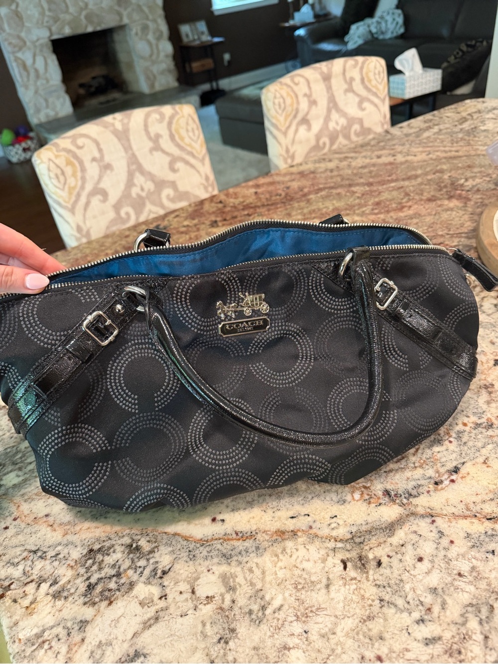 Coach Black Signature Dome Satchel with Blue Lining